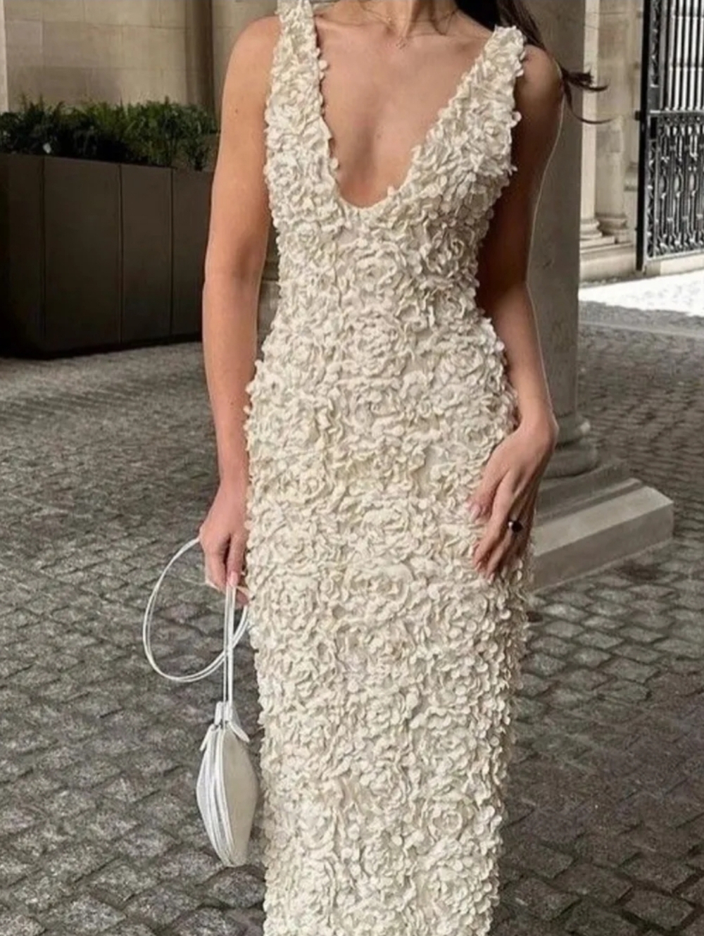 Elegant Cream Floral Appliqué V-Neck Dress